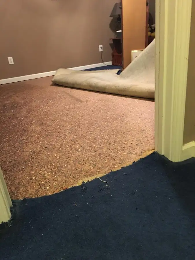 Carpet pad removal revealing water damage during Drying & Dehumidification in Simi Valley